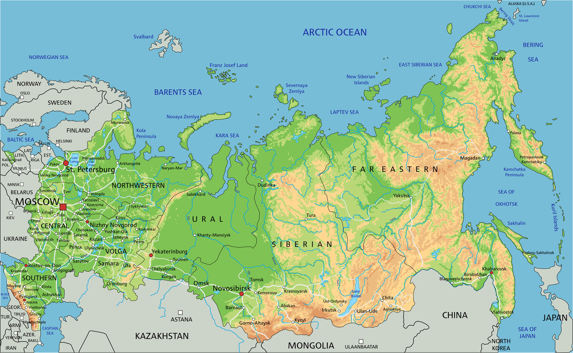 Hochdetaillierte physische Karte von Russland